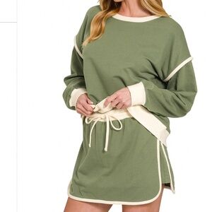 Zenana Outfitters Olive Green and Cream Casual Skirt Set